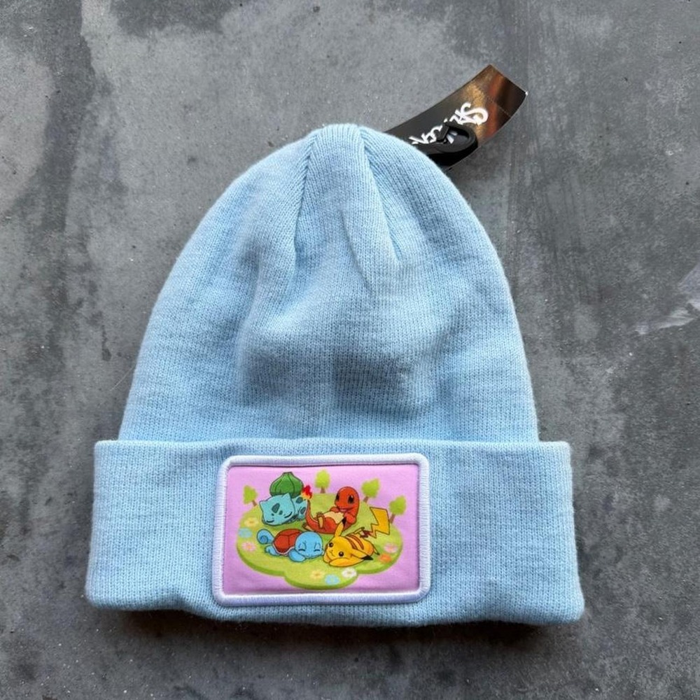 Pokemon Light Blue Cuffed Beanie Pikachu Bulbasaur Charmander Squirtle NWT